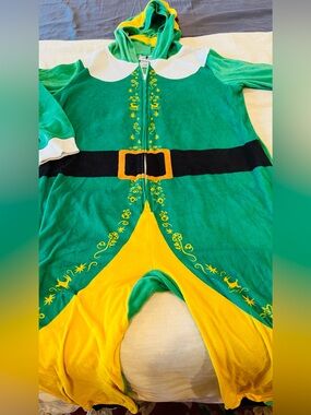 ELF Bright Green and Yellow Hooded Kids Costume Onesie size 8 boys